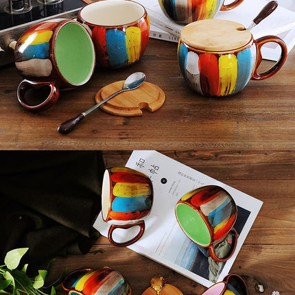 European Style Ceramic Mug Set with Matching Spoon & Lid | 350ml Capacity for Coffee & Tea