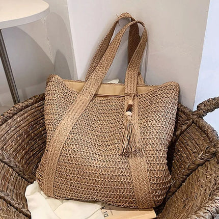 Woven Raffia Shoulder Bag, Raffia Tote Bag for Women with Tassel Detail