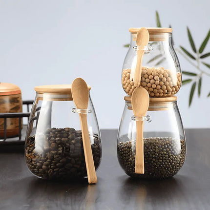 Glass Jar with Bamboo Lid and Spoon, Airtight Container for Coffee and Tea, Kitchen Canister for Pantry Organization