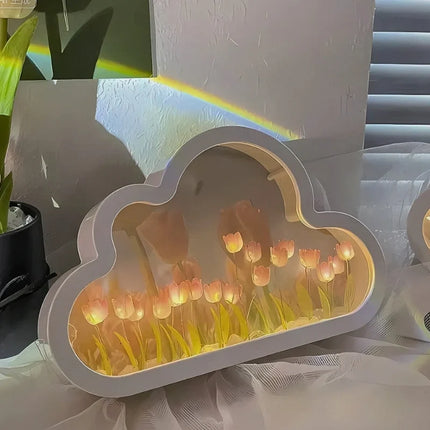 Cloud-Shaped Night Light with 20 Glowing Tulips | Cordless Design for Dreamlike Ambiance