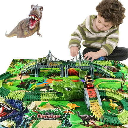 Dinosaur Race Track for Kids, Flexible Race Track Toys with LED Dino Car and 160 Pieces
