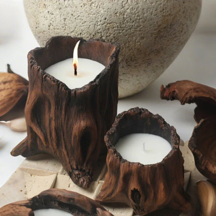 Cement Candle Cradle with Rustic Tree Hollow Design | Customizable Wax Vessel for Cozy Home Ambiance