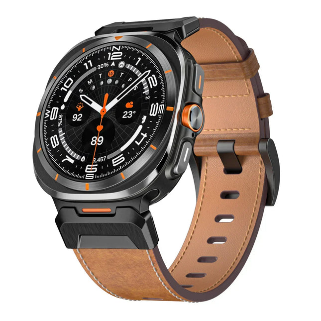 Leather Watch Band for Samsung Galaxy Watch Ultra, Tactical Samsung Watch Band with Stainless Steel Lugs and Pin Buckle