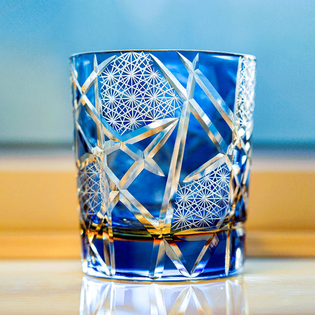 Whiskey Glasses with Wooden Gift Box, Hand Cut Whisky Glass with Lightning Pattern