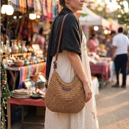 Straw Shoulder Bag, Boho Woven Crossbody Bag with Adjustable Strap