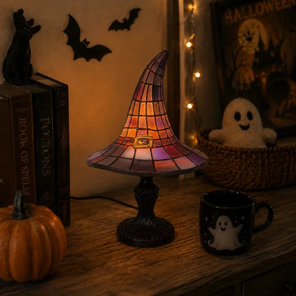 Witch Hat Table Lamp with Mosaic Panels for Enchanting Home Decor | Warm Glow for Bedrooms and Seasonal Displays