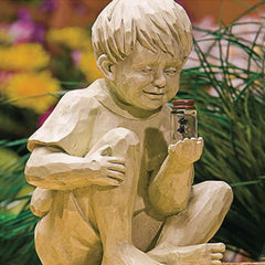 Garden Statues with Solar Firefly Light, Resin Garden Figurine of Boy or Girl, Garden Decor