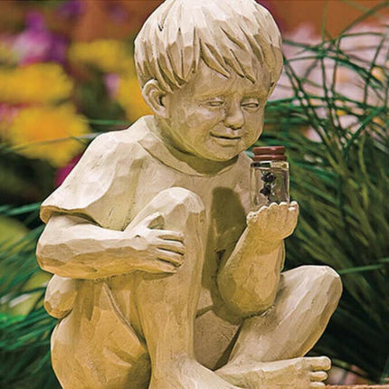 Garden Statues with Solar Firefly Light, Resin Garden Figurine of Boy or Girl, Garden Decor
