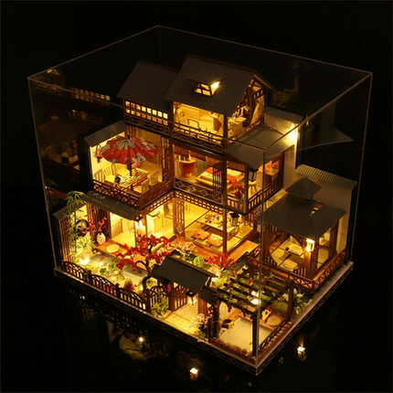 DIY Dollhouse Kit with LED Lights, Wooden Doll House