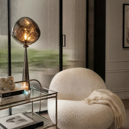 Sculptural Postmodern Floor Lamp with Reflective Smoked Acrylic Globe | Ambient Warm White Light for Modern Spaces