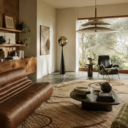 Sculptural Postmodern Floor Lamp with Reflective Smoked Acrylic Globe | Ambient Warm White Light for Modern Spaces