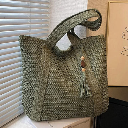 Woven Raffia Shoulder Bag, Boho Beach Bag for Summer, Raffia Tote Bag for Women with Tassel Detail