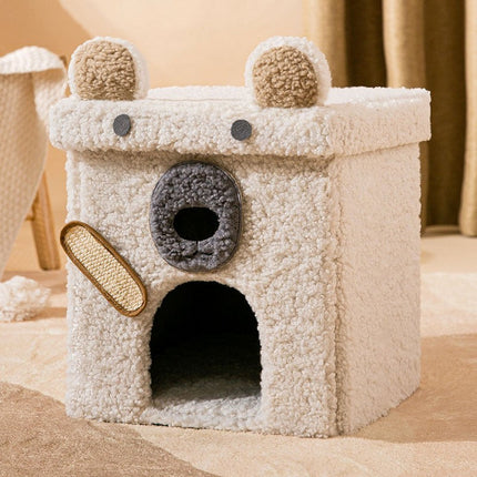 Composite Wood Pet Nest with Soft Teddy Velvet Cover | Semi-Enclosed Design for Comfort and Privacy