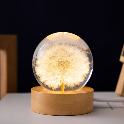 3D Dandelion Crystal Ball with Beech Wood Stand | Elegant Home Decor and Night Light for Serenity