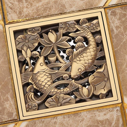 Bathroom Floor Drain, 4 Inch Antique Brass Floor Drain Cover, Carved Drain Grate with Deodorizing Strainer
