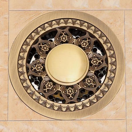 Shower Drain, Round Bathroom Floor Drain with Strainer, 4 Inch Antique Brass Bathroom Drain for Shower and Kitchen