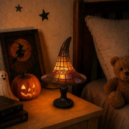 Witch Hat Table Lamp with Mosaic Panels for Enchanting Home Decor | Warm Glow for Bedrooms and Seasonal Displays
