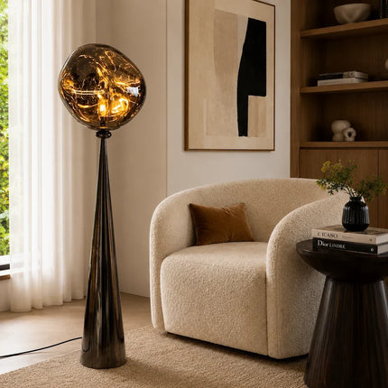 Sculptural Postmodern Floor Lamp with Reflective Smoked Acrylic Globe | Ambient Warm White Light for Modern Spaces