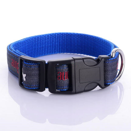 Jeans Dog Collar with Embroidered Dog Bone Charm | Durable Leather Choker for Stylish Comfort