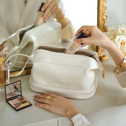 Large Capacity PU Leather Travel Cosmetic Bag with Zipper Pouch | Stylish Organizer for Makeup and Essentials