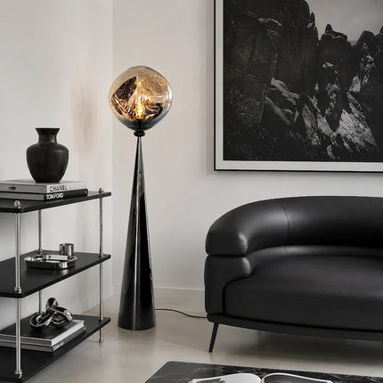 Sculptural Postmodern Floor Lamp with Reflective Smoked Acrylic Globe | Ambient Warm White Light for Modern Spaces