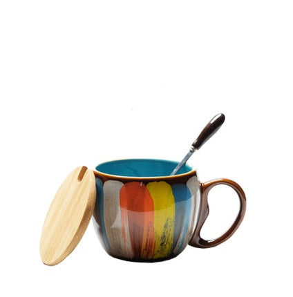 European Style Ceramic Mug Set with Matching Spoon & Lid | 350ml Capacity for Coffee & Tea