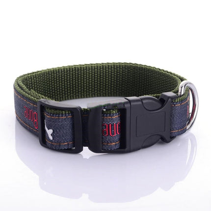 Jeans Dog Collar with Embroidered Dog Bone Charm | Durable Leather Choker for Stylish Comfort