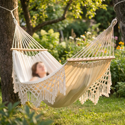 Double Hammock with Spreader Bars, Cotton Canvas Camping Hammock with Tassels – image 8