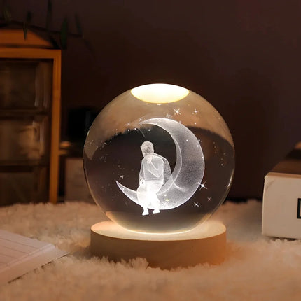 Luminous Crystal Ball with 3D Engraved Planets | Magical Night Light for Cozy Home Decor