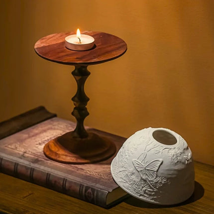 Candle Holder with Hand-Carved Porcelain Dome and Walnut Base | Elegant Ambiance for Intimate Spaces