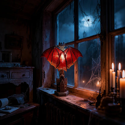 Gothic Bat Lamp with Crimson Wings | Eerie Accent Light for Halloween Decor and Ambience