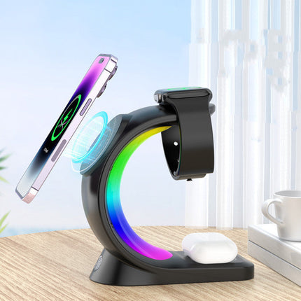 4-in-1 Magnetic Wireless Charger with RGB Lamp Effect | Fast & Safe Charging Station for Smartphone, AirPods & Apple Watch