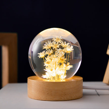 3D Dandelion Crystal Ball with Beech Wood Stand | Elegant Home Decor and Night Light for Serenity