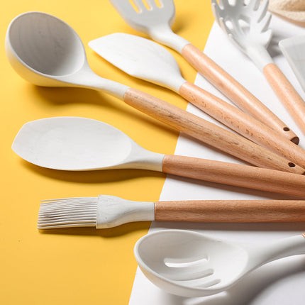 Silicone Kitchen Utensil Set with Wooden Handles | FDA-Approved Heat Resistant Tools for Safe Cooking and Baking