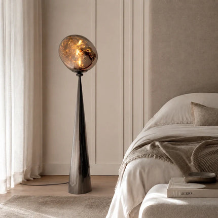 Sculptural Postmodern Floor Lamp with Reflective Smoked Acrylic Globe | Ambient Warm White Light for Modern Spaces