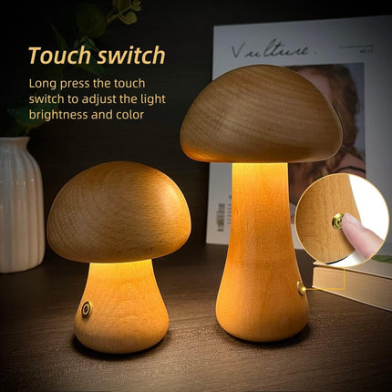 Wooden Mushroom LED Night Light with Touch Switch | Creative Cozy Decor for Warm Ambiance