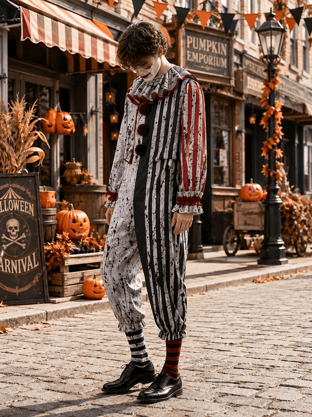 Mens Halloween Costume, Horror Clown Costume Jumpsuit with Ruffled Collar
