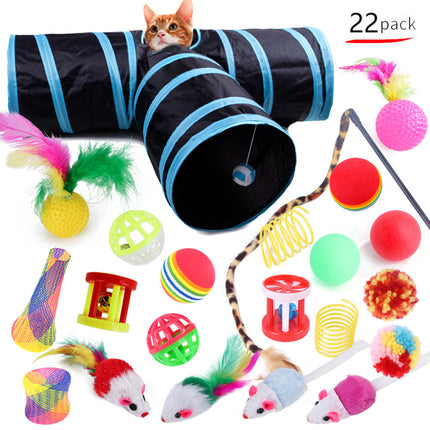 Ultimate Cat Toy Set with Tunnel and Feather Wand | 22-Piece Polyester Toy Pack for Endless Fun and Stimulation