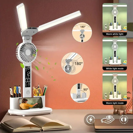 Portable LED Desk Lamp with Fan & Pen Holder | Adjustable Lighting for Organized Workspaces