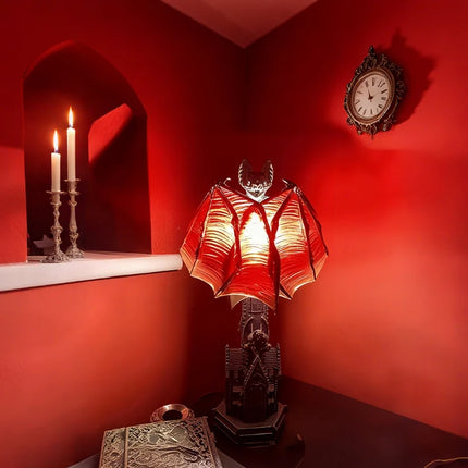 Gothic Bat Lamp with Crimson Wings | Eerie Accent Light for Halloween Decor and Ambience