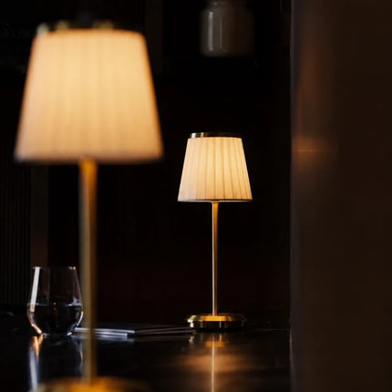 Dimmable Rechargeable Table Lamp with Pleated Fabric Shade | Elegant Cordless Lighting for Indoor and Outdoor Use