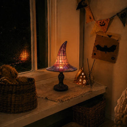 Witch Hat Table Lamp with Mosaic Panels for Enchanting Home Decor | Warm Glow for Bedrooms and Seasonal Displays