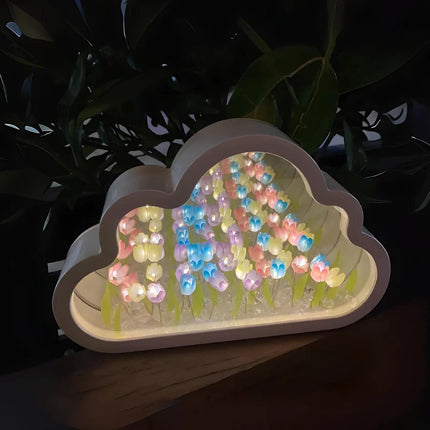 Cloud-Shaped Night Light with 20 Glowing Tulips | Cordless Design for Dreamlike Ambiance