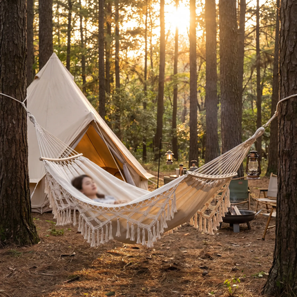 Double Hammock with Spreader Bars, Cotton Canvas Camping Hammock with Tassels – image 4