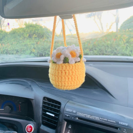 Handmade Knitted Flower Car Accessory for Rearview Mirror | Unique Wool Pendant for Personalized Interior Decor
