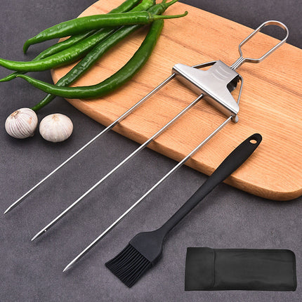 3-Prong Stainless Steel BBQ Skewers with Ergonomic Handle | Durable Grilling Tool for Even Cooking and Easy Food Removal