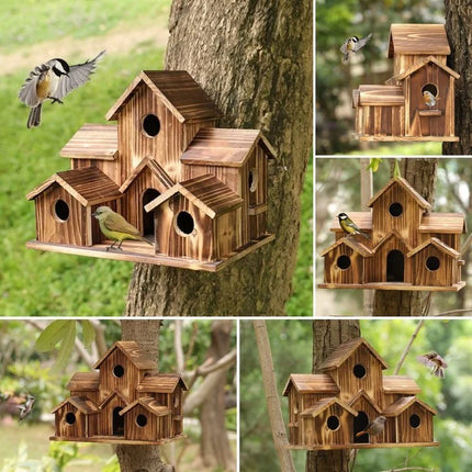 Bird House for Outside, Wooden Birdhouse with 6 Entrances, Bird Nesting Box, Handmade Garden Decor, Gift for Bird Lovers