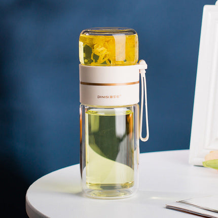Leakproof Glass Water Bottle with Tea Infuser & Double Wall Design | Stylish Hydration for Hot and Cold Beverages