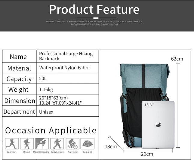 Adventure Gear | 50L Hiking Backpack with Internal Frame & Lightweight Design | Durable Travel Bag for Mountain Climbing and Camping