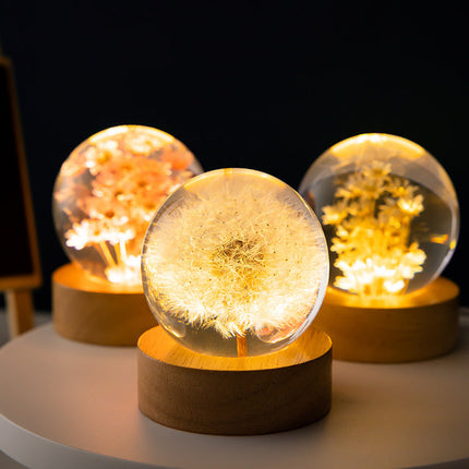 3D Dandelion Crystal Ball with Beech Wood Stand | Elegant Home Decor and Night Light for Serenity